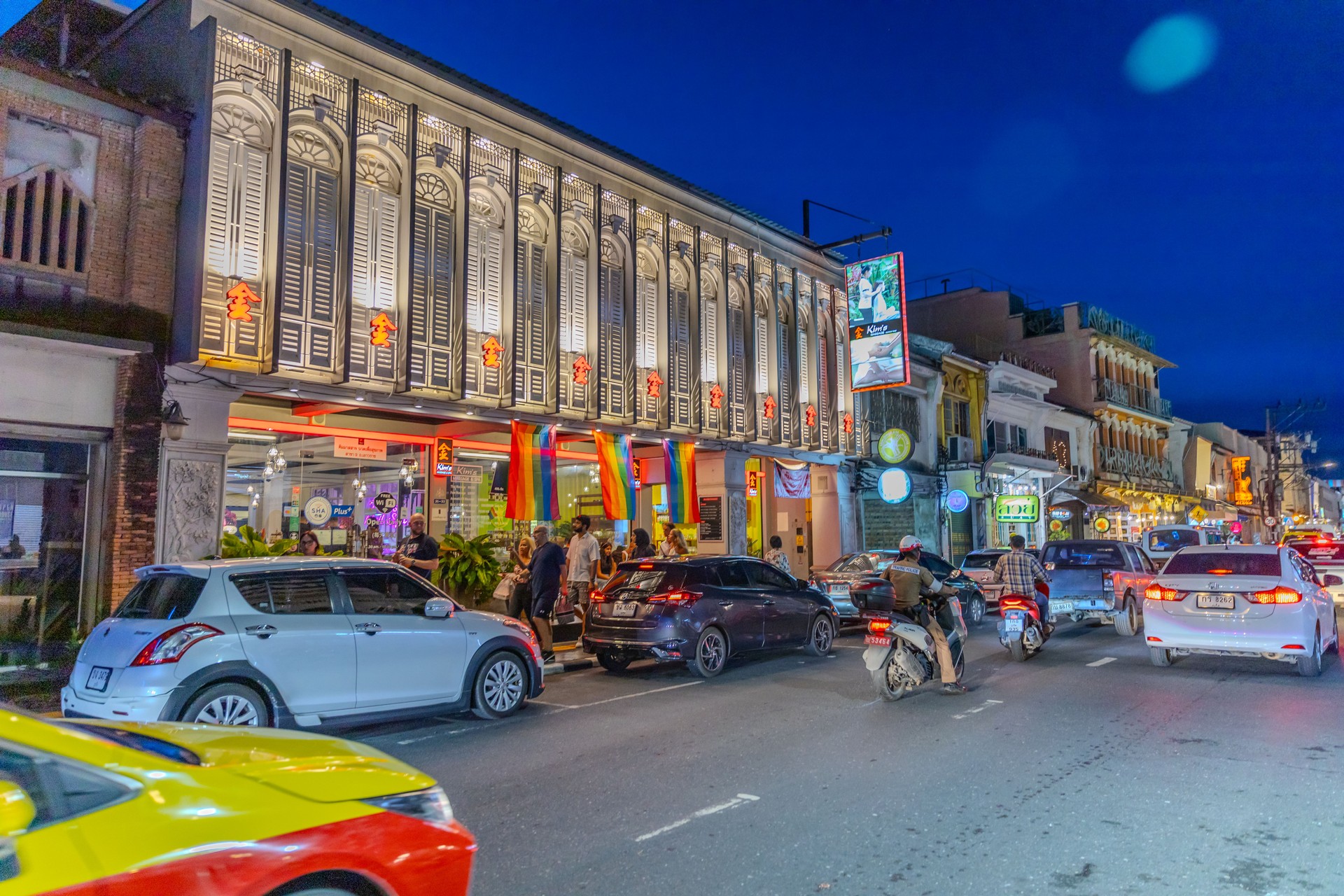 Sunday night walking street night markets in Old Phuket Town Thailand. old historical Sino Portuguese houses and street filled with stalls of delicious foods handicraft and music